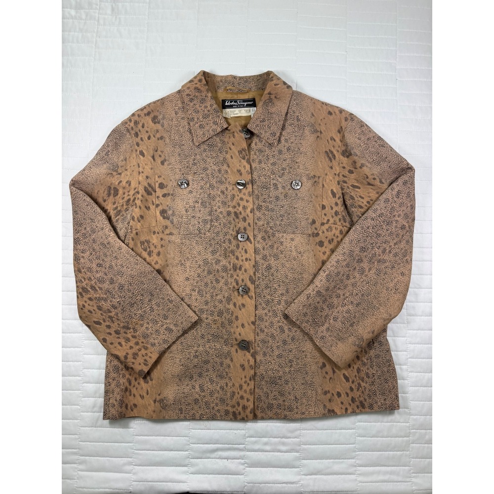 Vintage 90s Salvatore Ferragamo Button Up Animal Print Silk Blend Shacket Sz 12